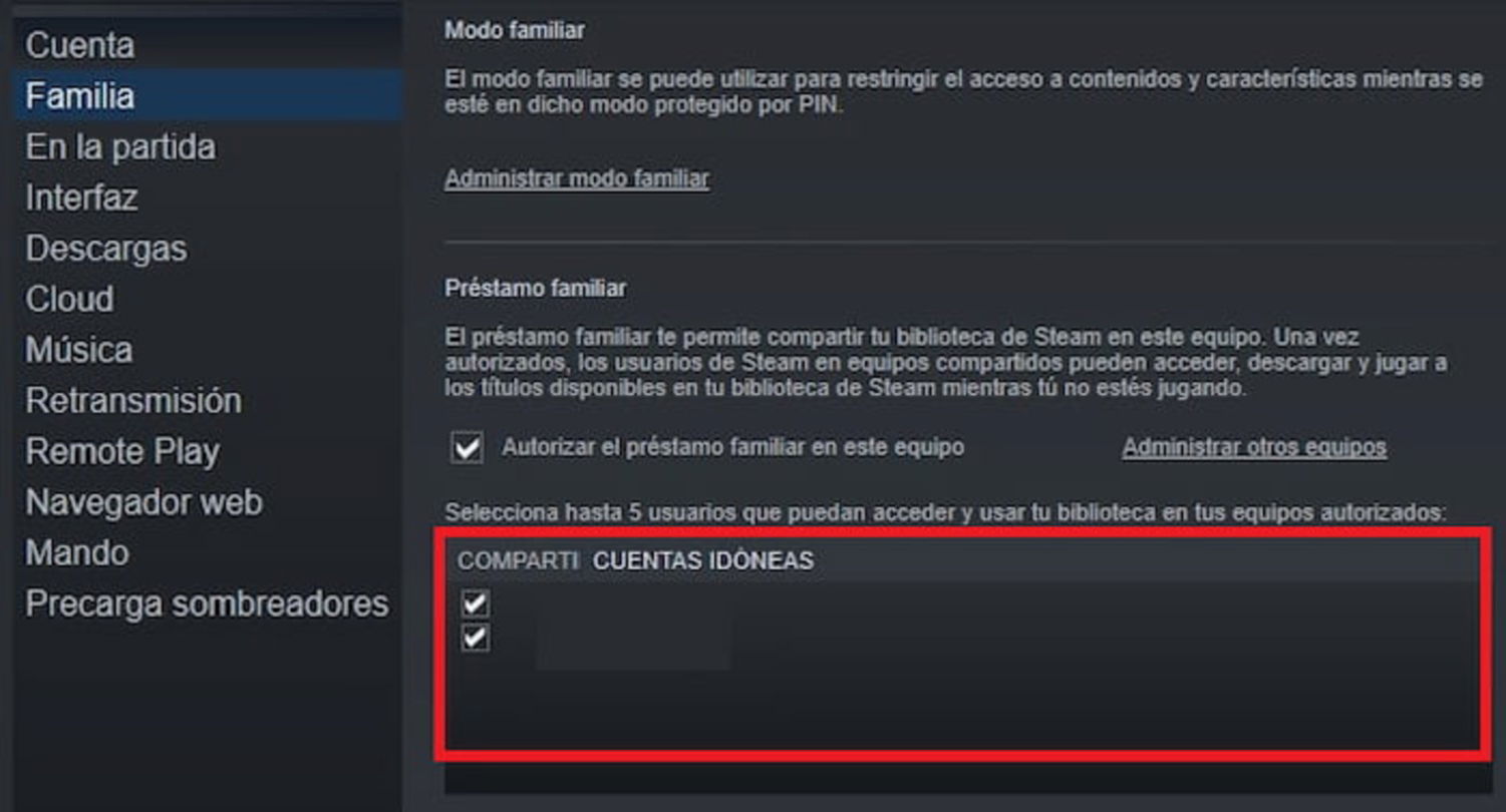 Steam también facilita el compartir juegos con familiares y amigos, aunque hasta un máximo de 5 personas