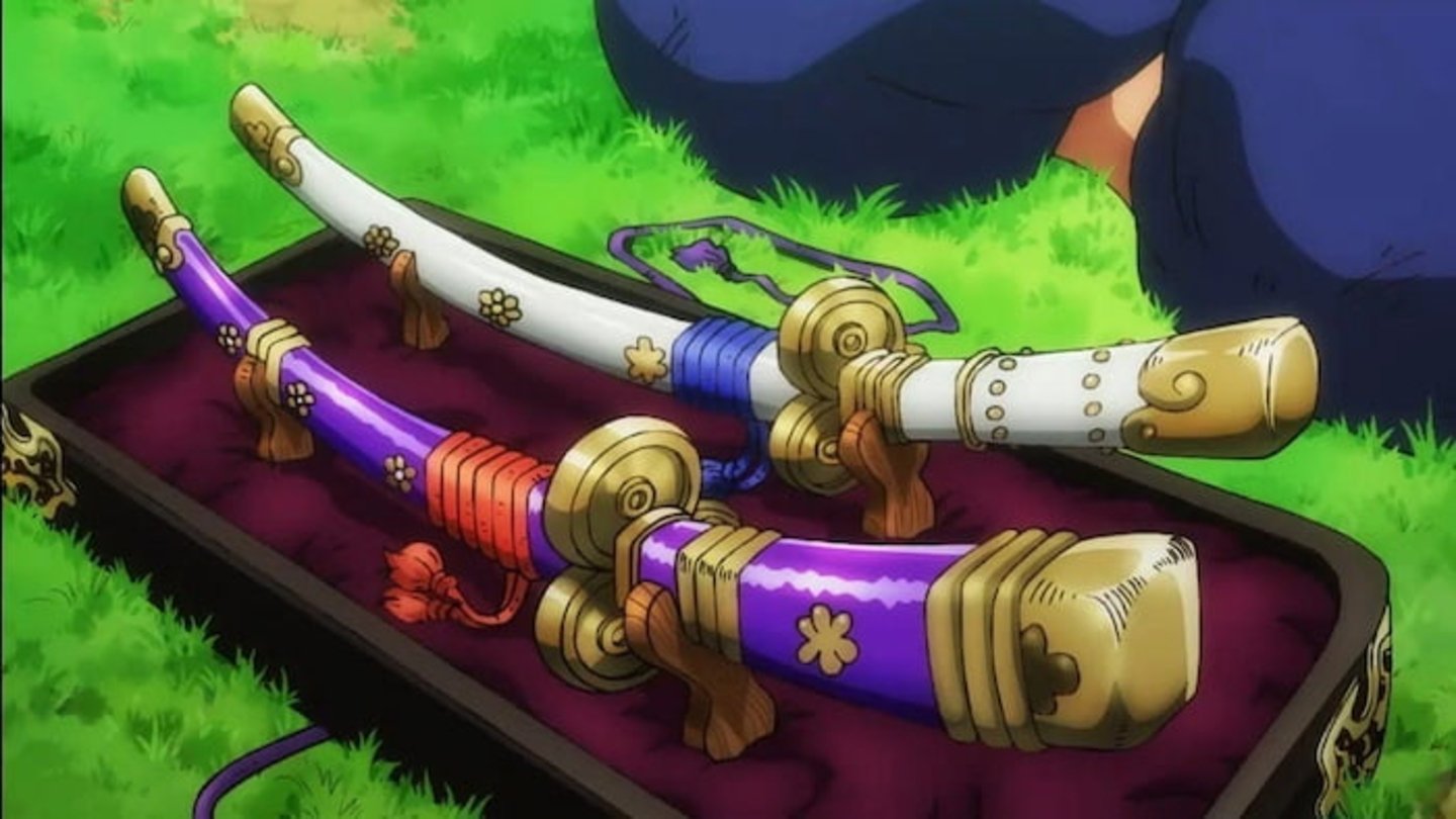 Tras devolver la espada Shusui a la tumba de Ryuma en Wano, Zoro recibe la katana Enma por parte de Hiyori y que solía ser de Kozuki Oden