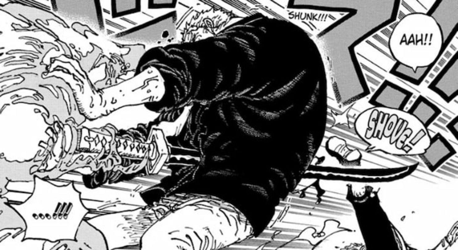Garp es apuñalado en el estómago por Shiryu, uno de los Capitanes de Barbanegra