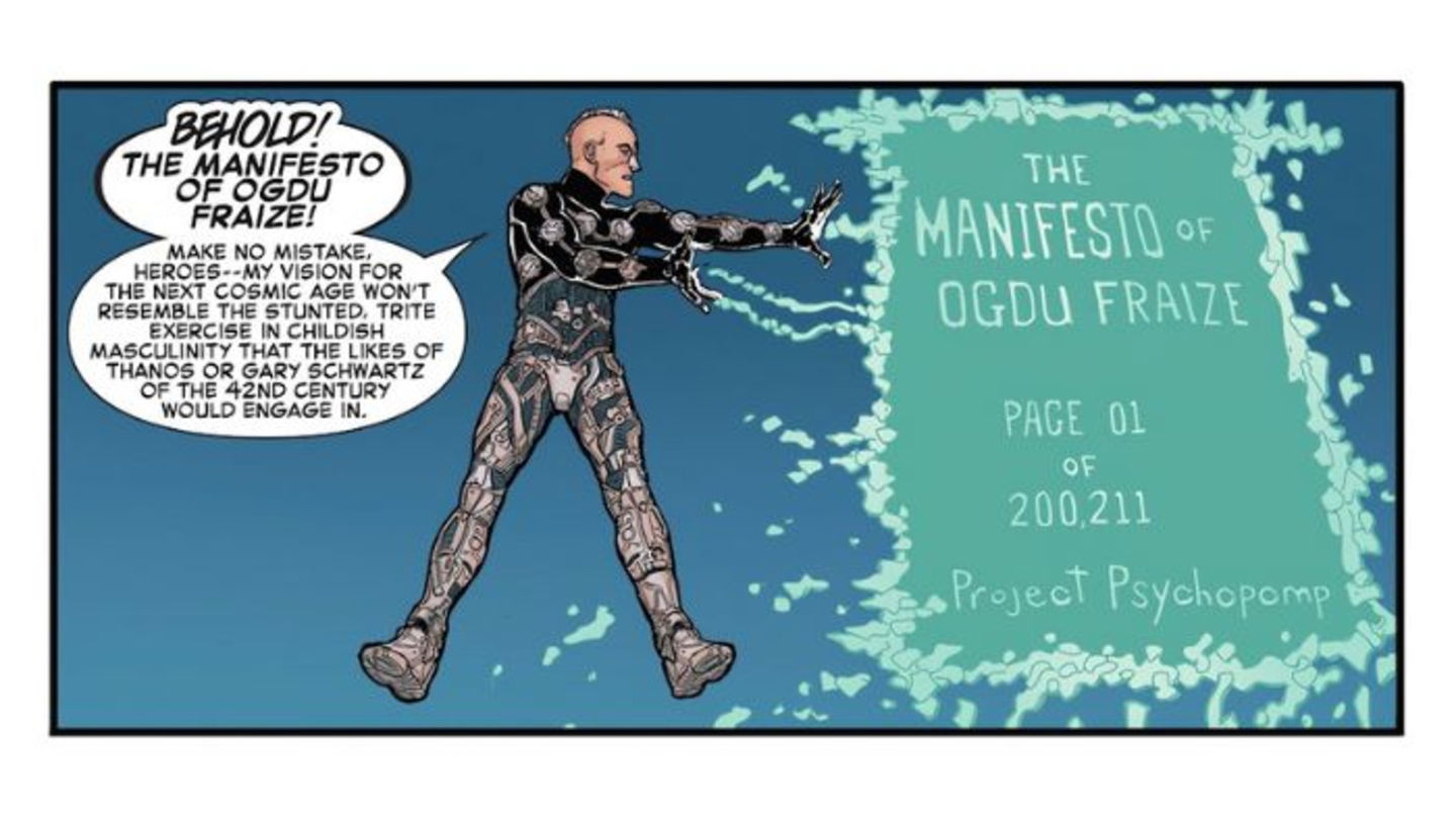 Ogdu Fraize dando su manifiesto para una mejor realidad en el cómic Clobberin' Time #5