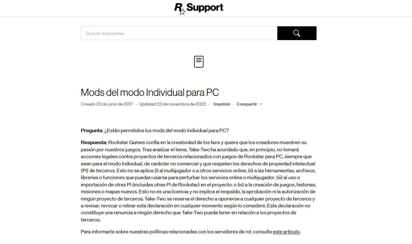 Soporte de Rockstar sobre los mods en el modo individual