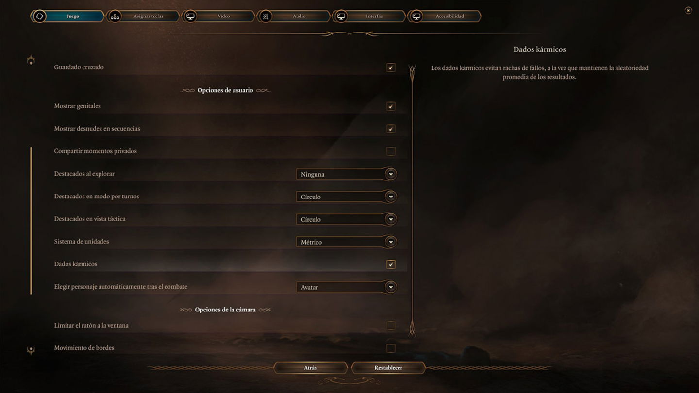 En las opciones podemos activar o desactivar la opción de los dados kármicos en Baldur's Gate 3