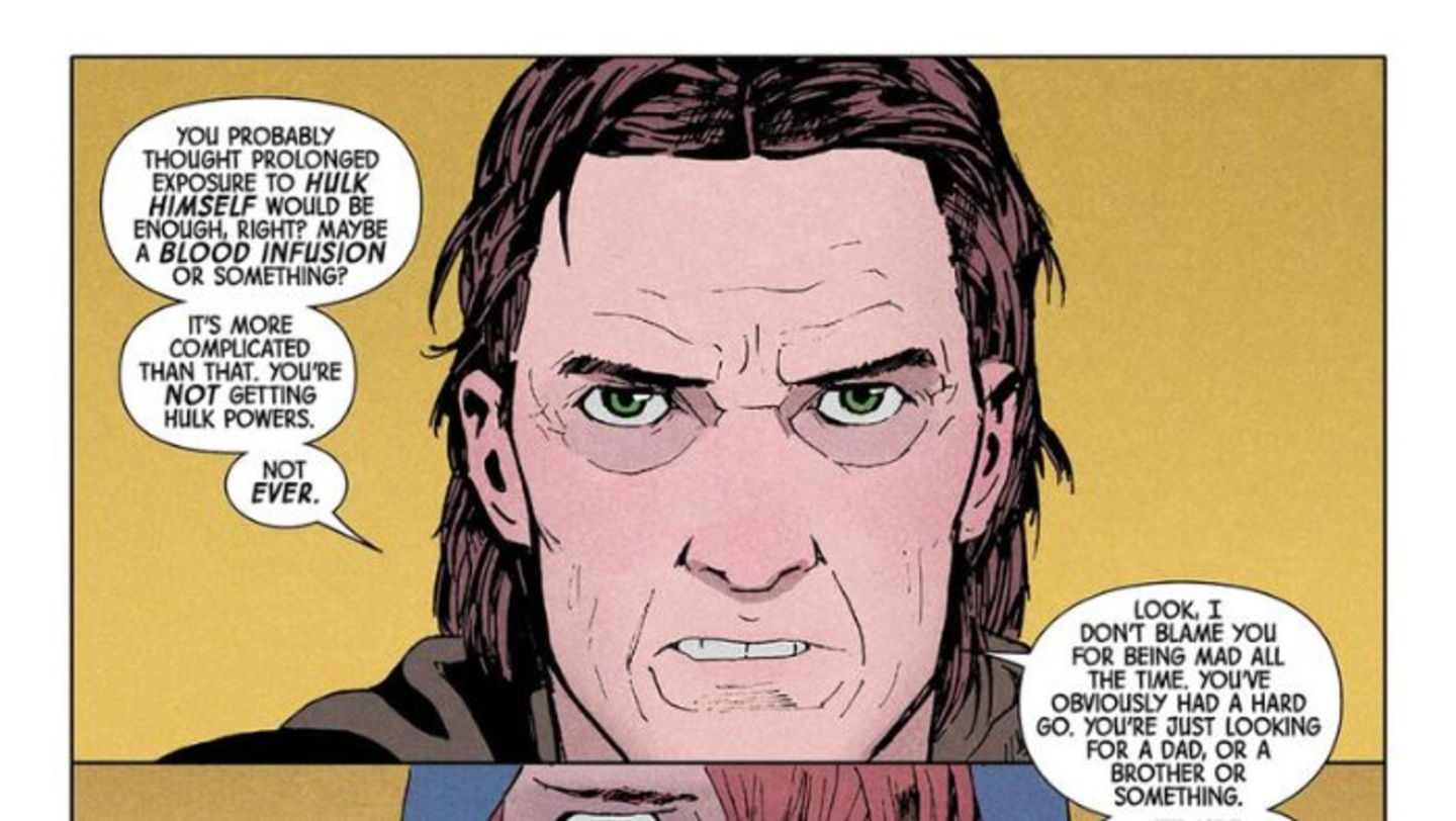 Bruce Banner afirmando que no es posible obtener poderes de Hulk por medio de transfusiones de sangre