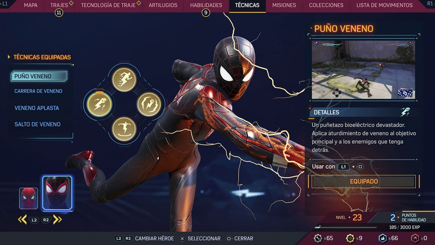 Las técnicas de Miles se centran en electricidad o veneno en Spider-Man 2