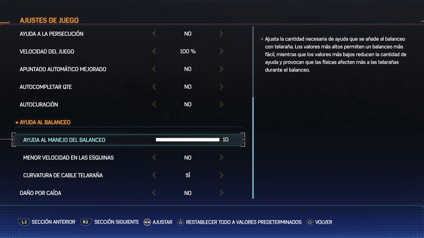 Podemos encontrar la ayuda al manejo del balanceo en los ajustes de juego