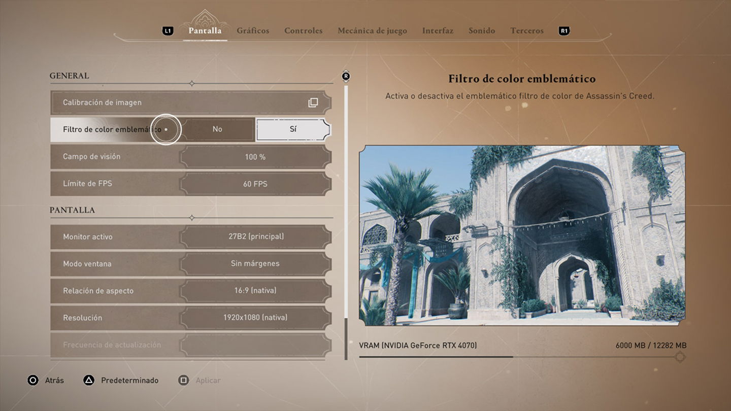 Tendremos que abrir las opciones del juego para activar el filtro de color en Assassin's Creed Mirage