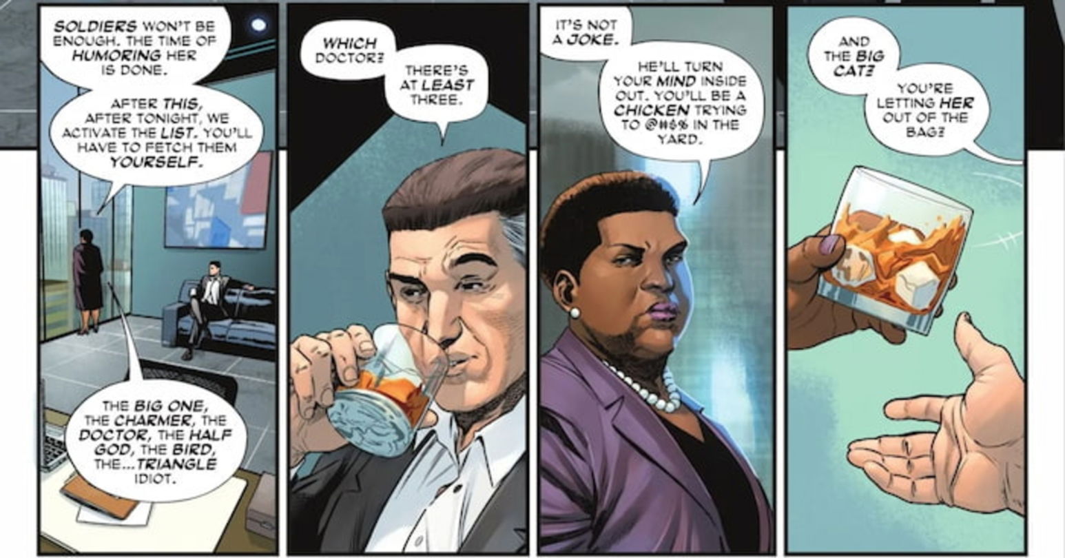 Amanda Waller le explica a su socio que debe tomarse más en serio al Doctor Psycho, pues puede freírle el cerebro