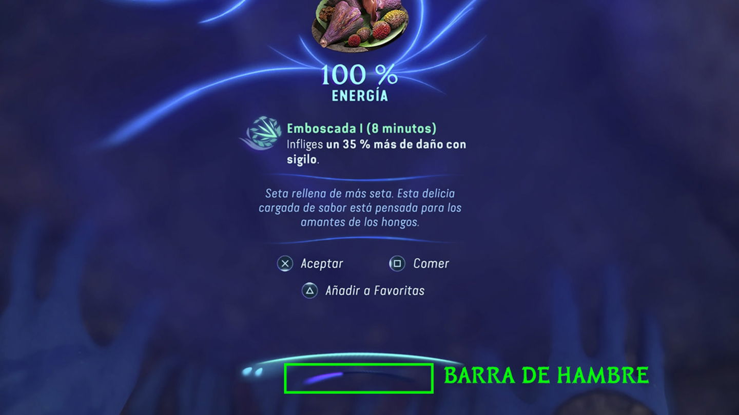 La barra de hambre se encuentra bajo la de salud en Avatar Frontiers of Pandora