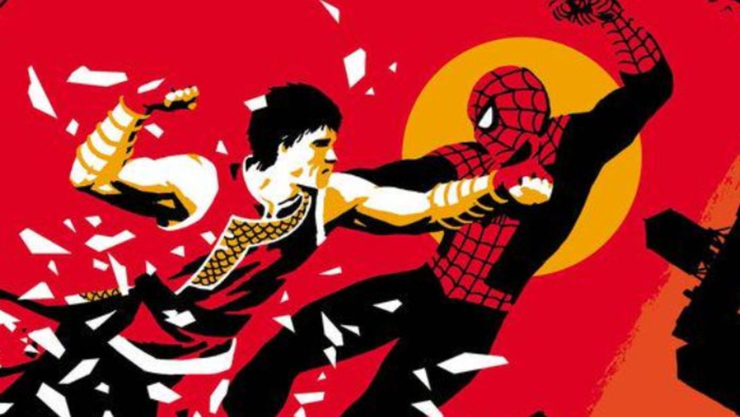 Shang-Chi y Spider-Man enfrentándose en el arte de la portada de uno de los próximos números de la serie de cómic Deadly Hands of Kung Fu Gang War
