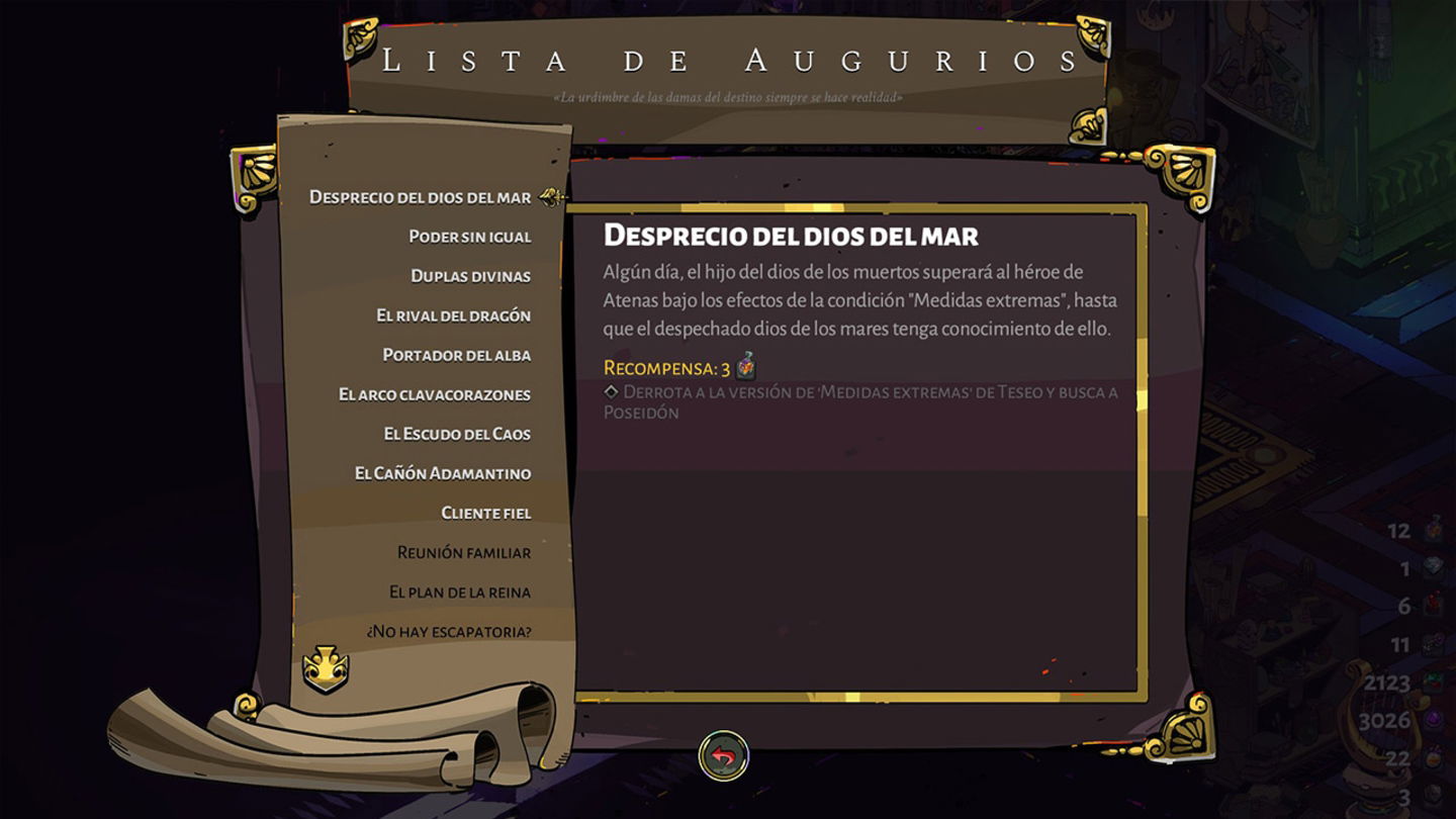 Tendremos recompensas por completar tareas en la lista de augurios en Hades