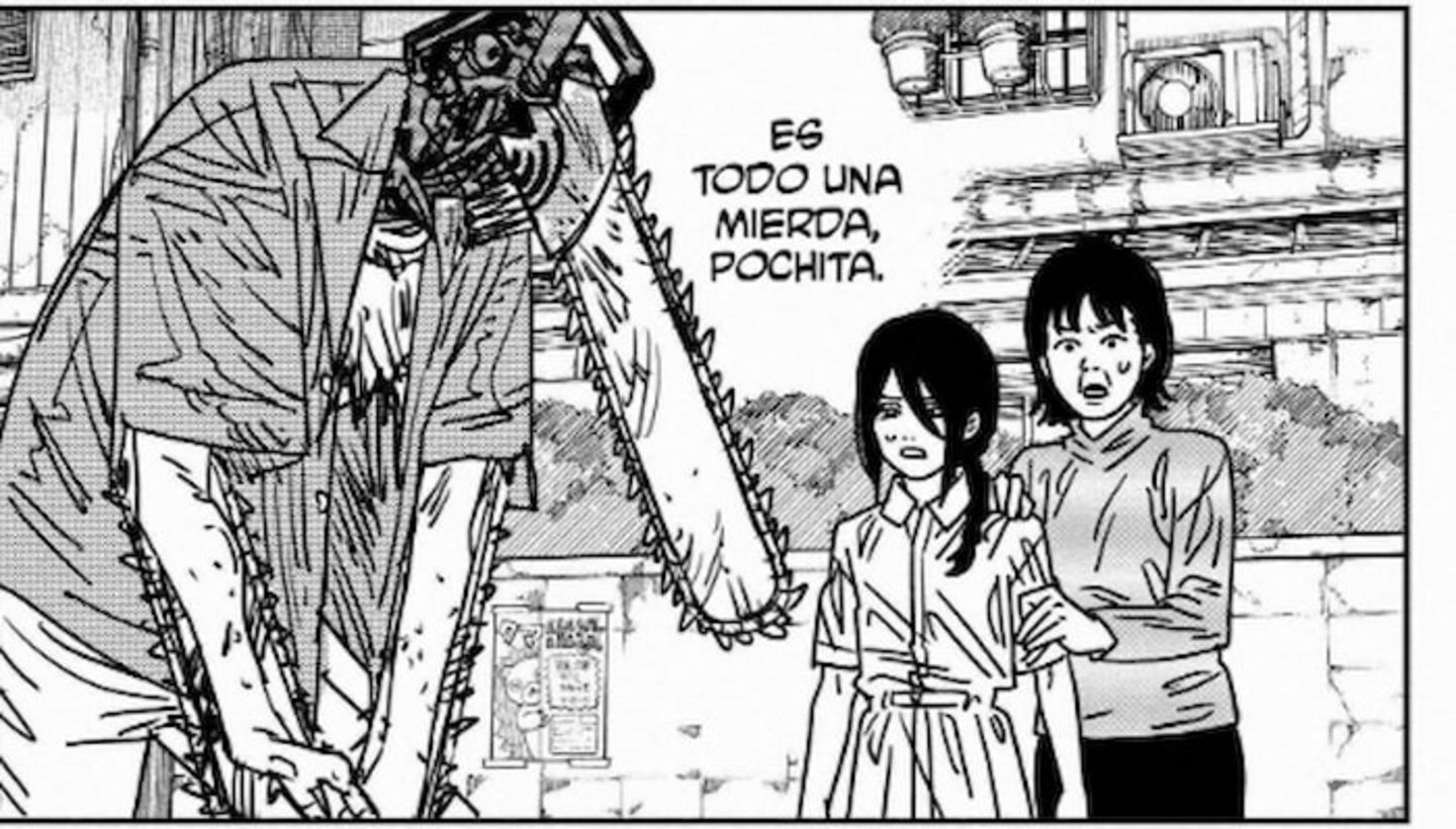 Al transformarse, Denji habla con Pochita mientras parece ir perdiendo la razón