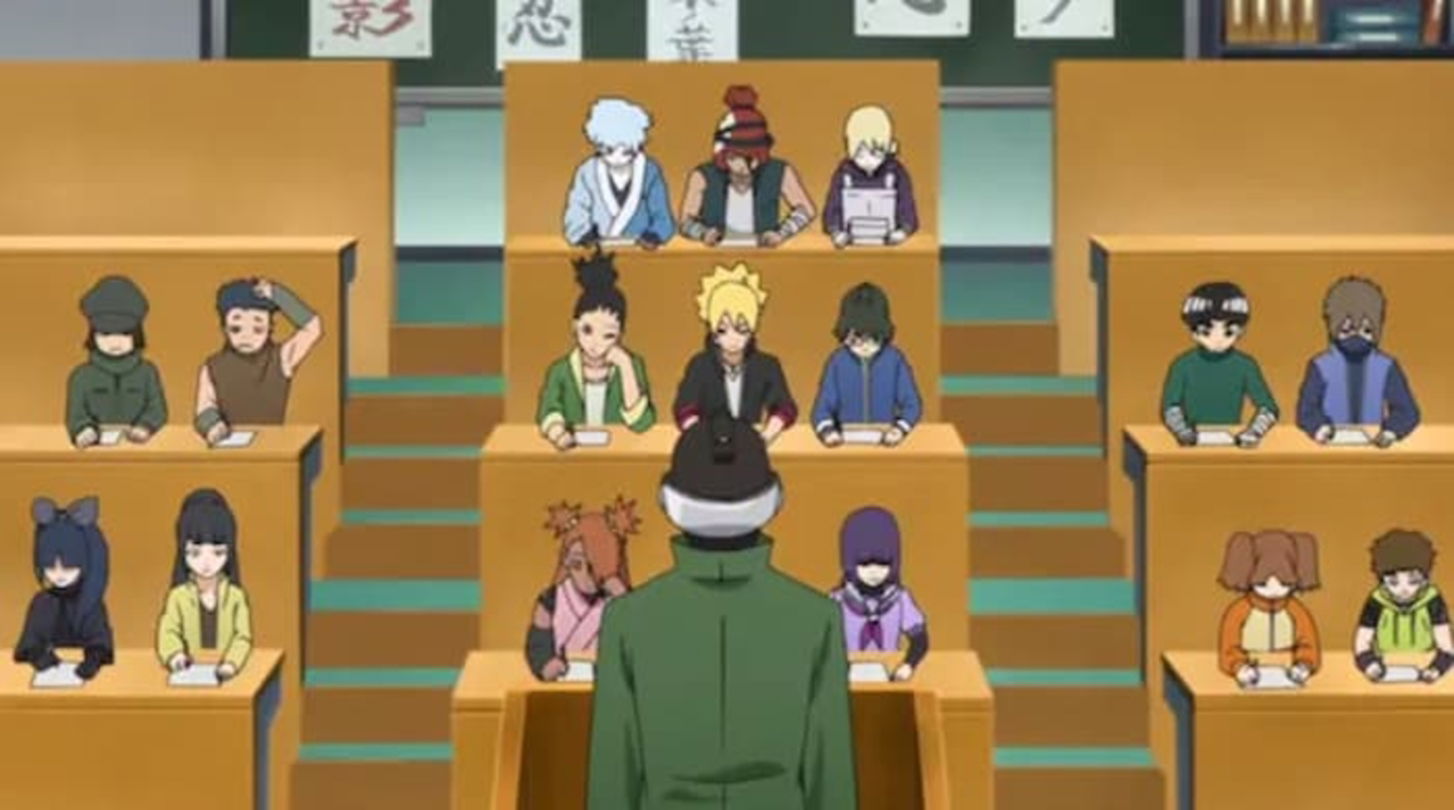 Boruto presentando el examen de Inteligencia, en el cual se llevaría la calificación más alta, duplicando en inteligencia a su padre
