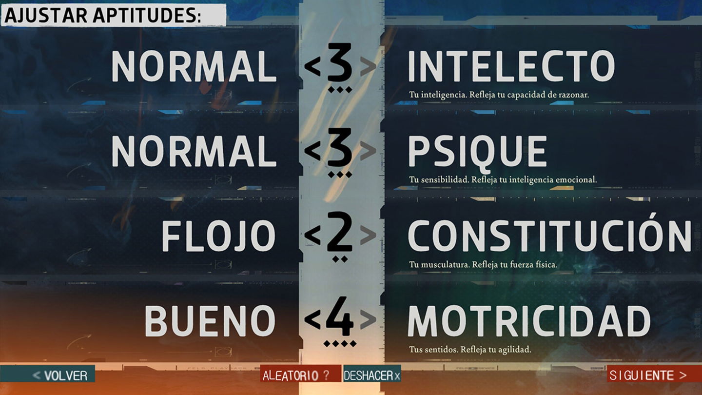 Podemos ajustar las aptitudes entre valores y límites al crear nuestro personaje en Disco Elysium