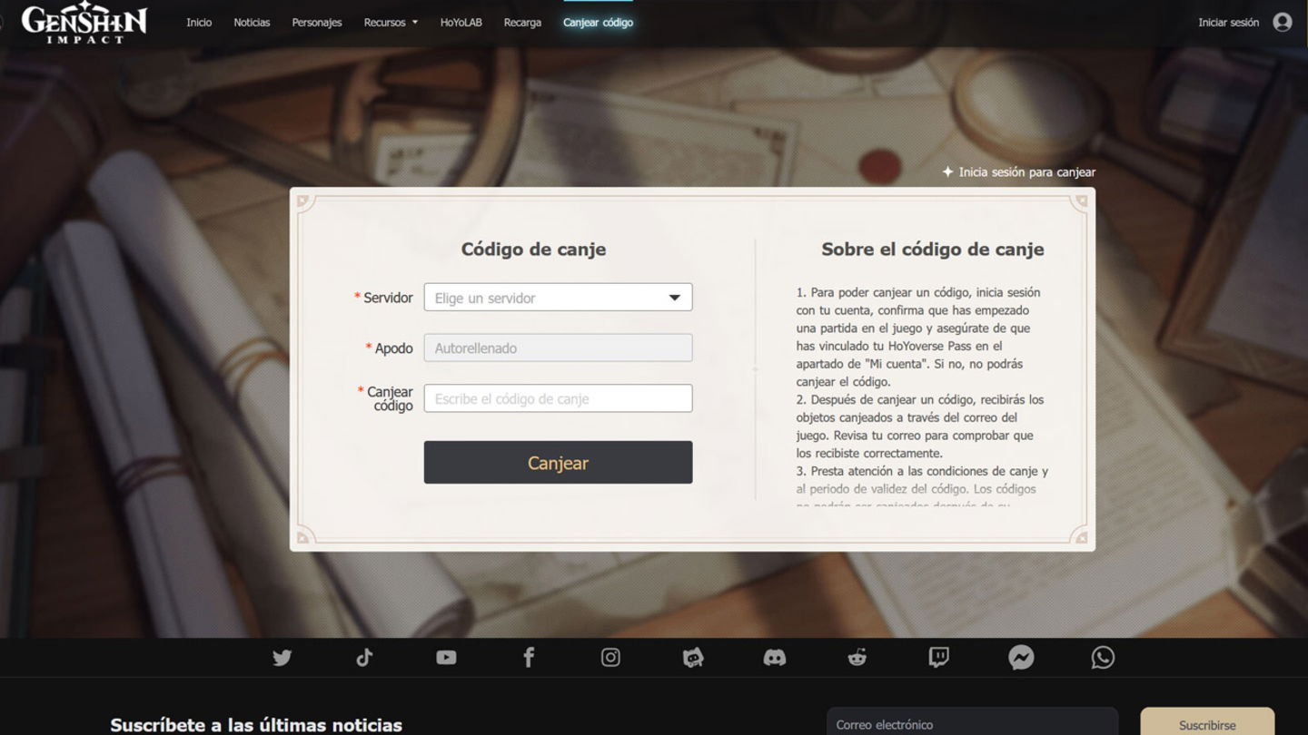 Podemos canjear los códigos desde la página oficial de Genshin Impact