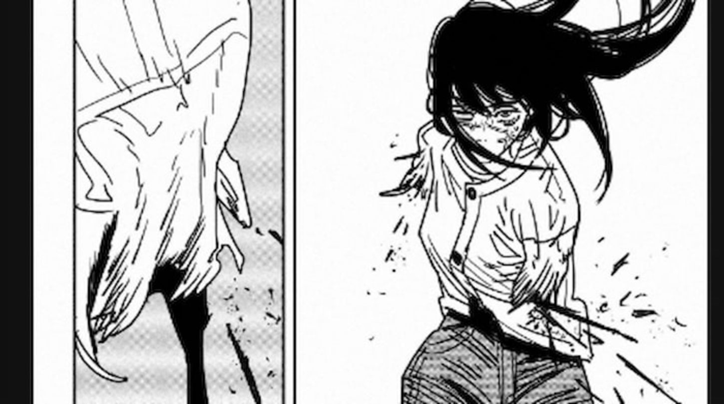 Asa ha perdido sus dos brazos, quedando en desventaja contra Chainsaw Man
