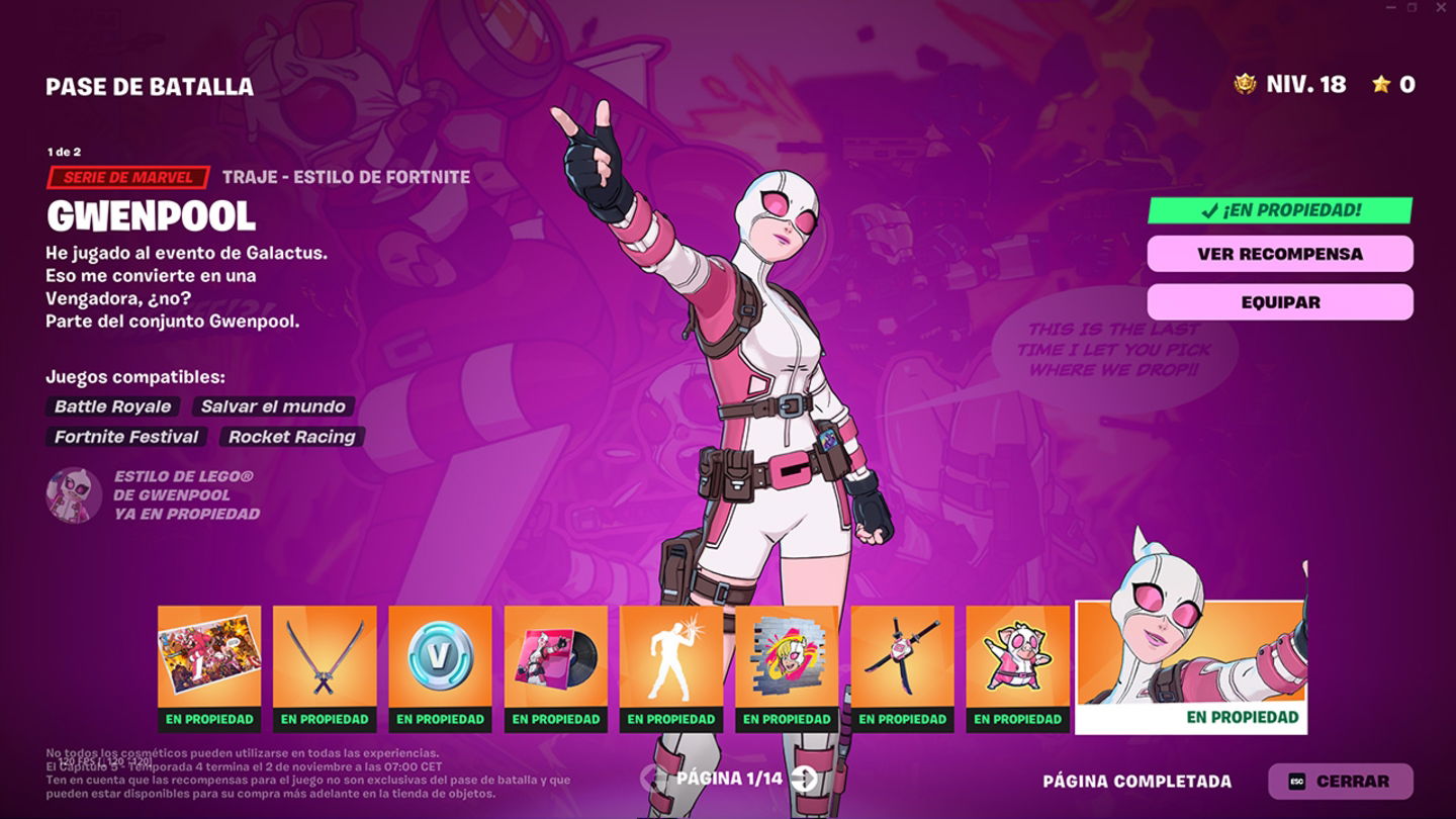 Gwenpool es la skin incluida directamente con la compra del pase de batalla