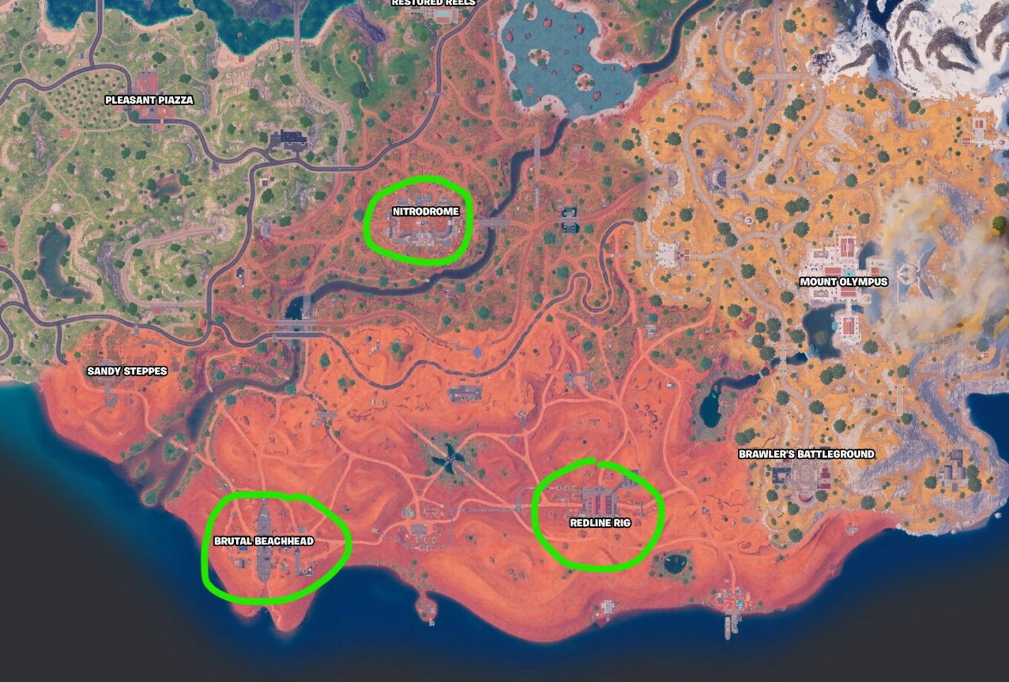 Localización en el mapa ded Fortnite de 3 ubicaciones de misiones