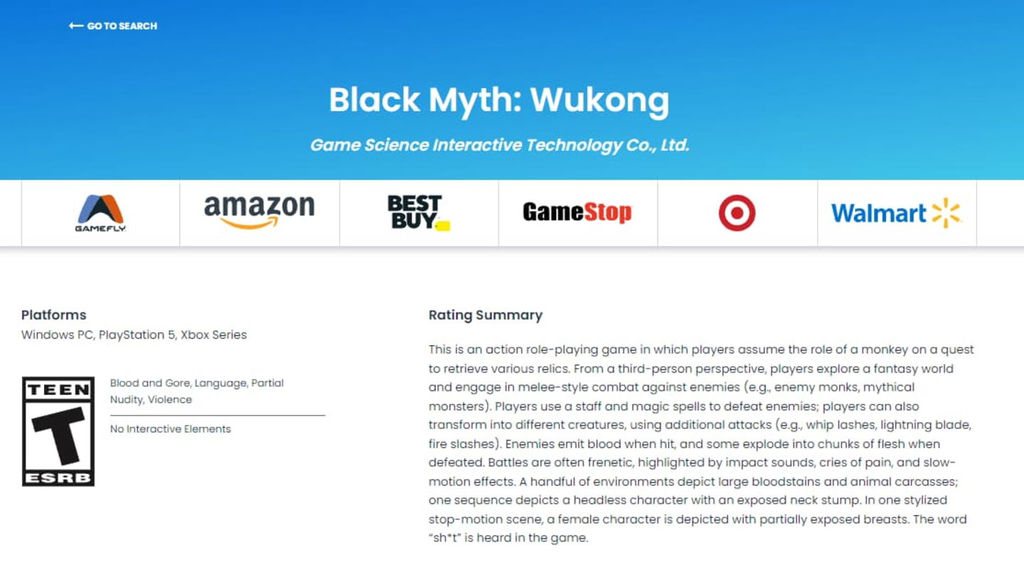 Black Myth Wukong Xbox ESRB