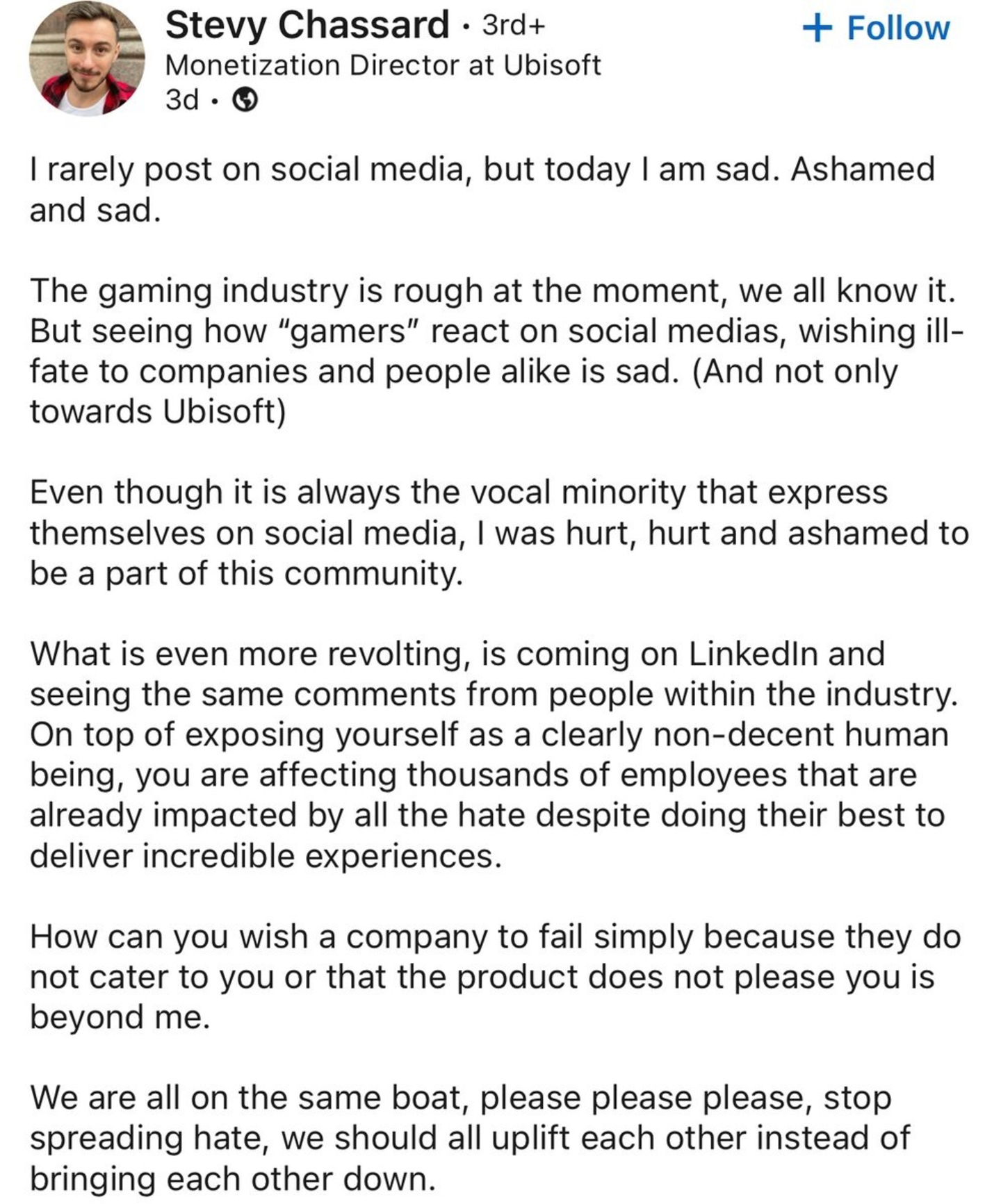 Un responsable de Ubisoft cree que los usuarios que critican sus juegos son "humanos indecentes"