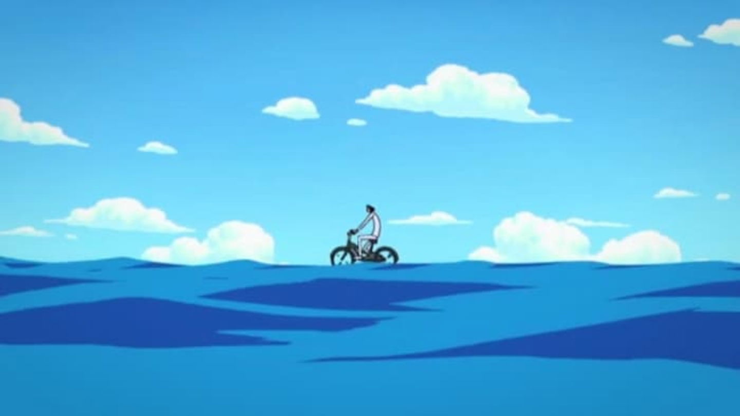 Kuzan puede congelar su paso por el mar mientras lo cruza en bicicleta