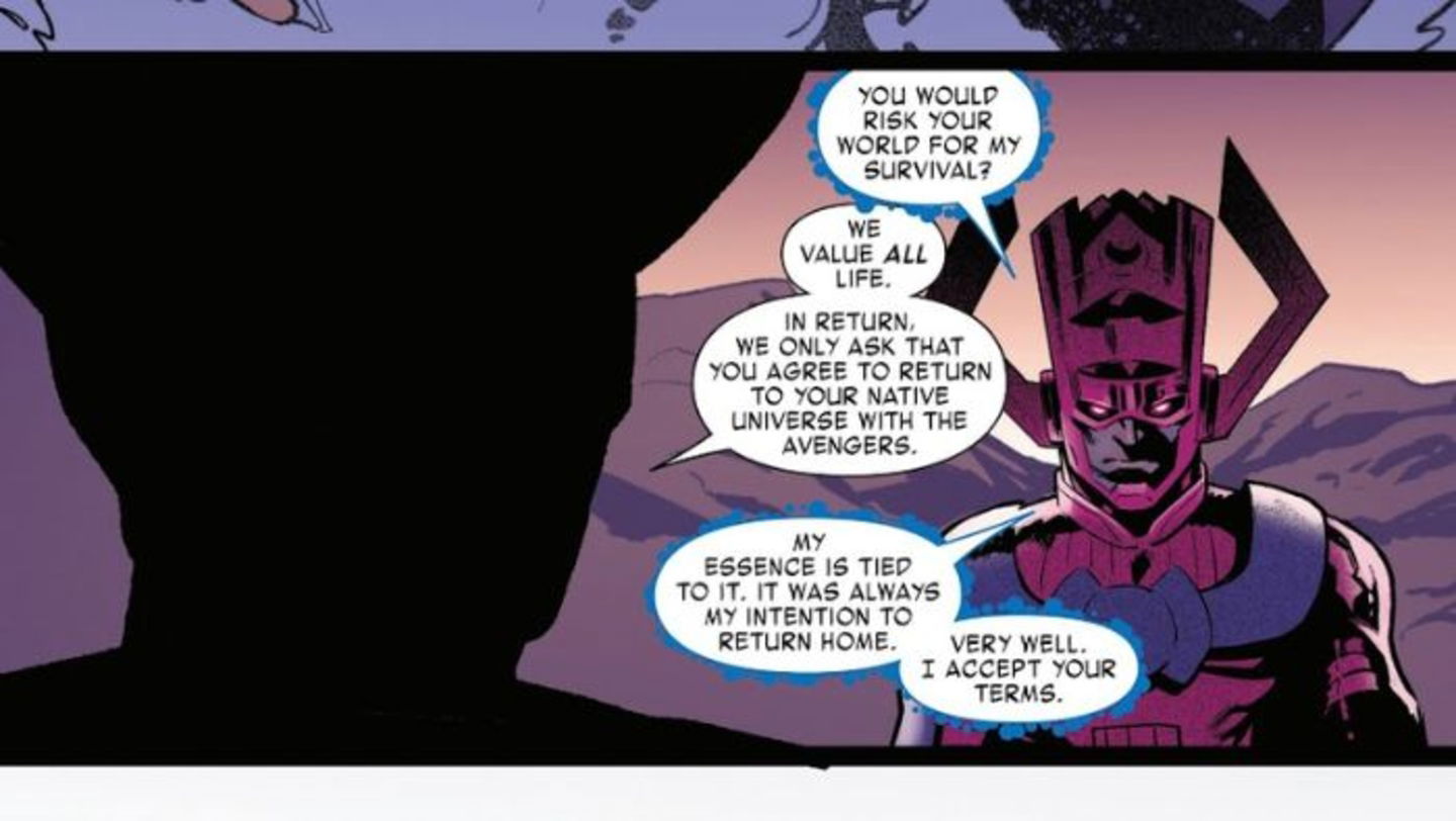 Galactus afirmando que su esencia está conectada a la Tierra-616