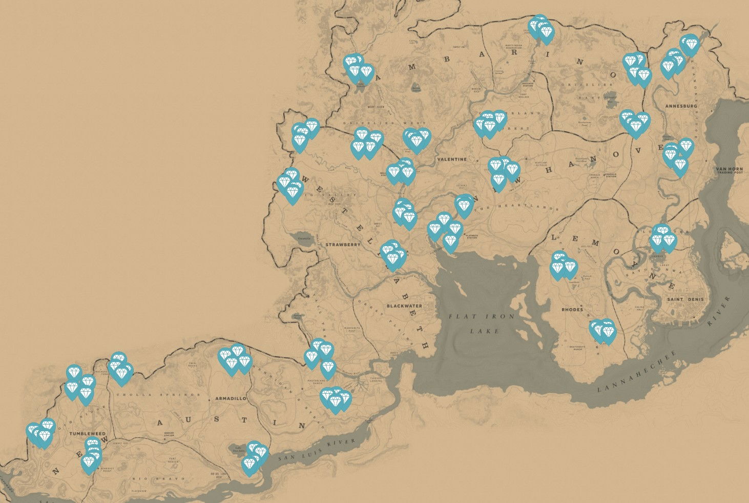 Mapa completo de tesosors de Red Dead Online