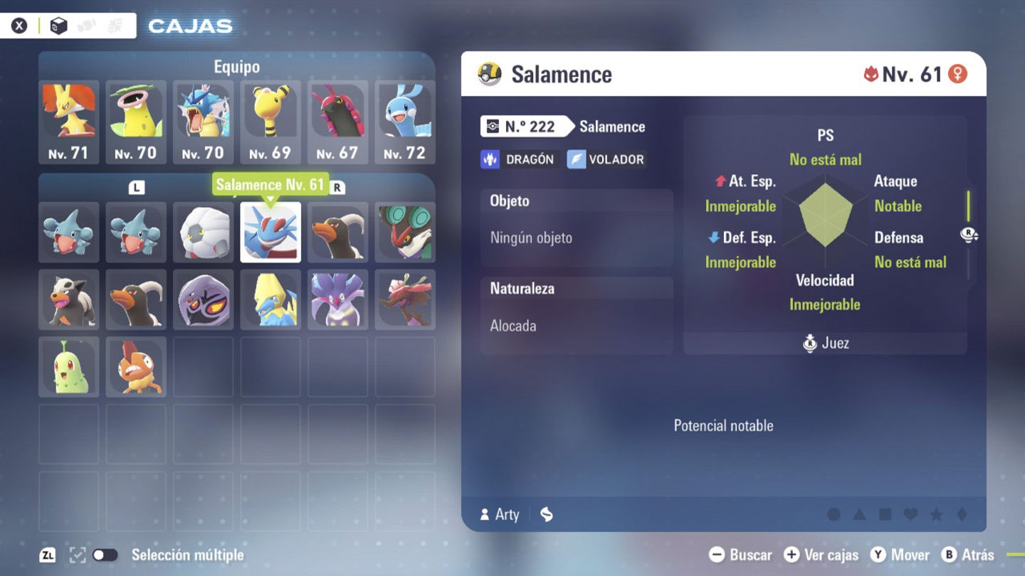 Pulsar el joystick derecho para consultar los IVs de vuestros Pokémon