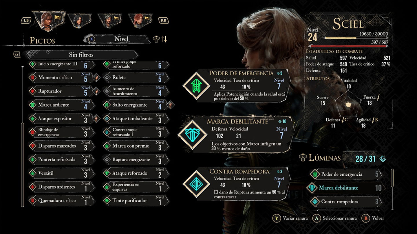 Podemos equipar y seleccionar Pictos desde el menú de personajes también